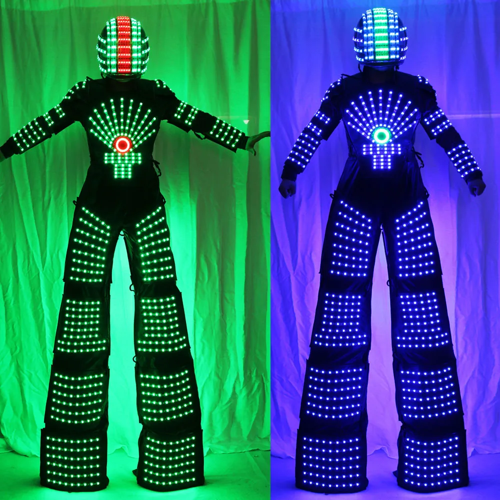 

LED Robot Suits Costume David Guetta White Silver Leather Stilts Walker Helmet With Laser Gloves