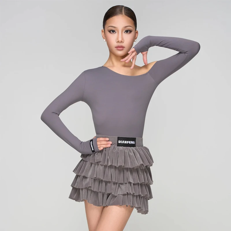 Vestidos de baile latino Samba para niños, traje de competición de baile latino para niñas, Top con hombros inclinados, falda para pastel, traje de actuación SL14054