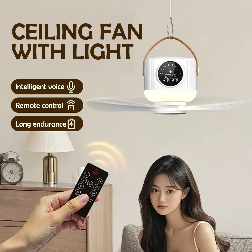 USB Rechargeable Mini Ceiling Fan Dormitory Home Remote Control Quietly Ceiling Fan Light Outdoor Camping Fan with Night Light