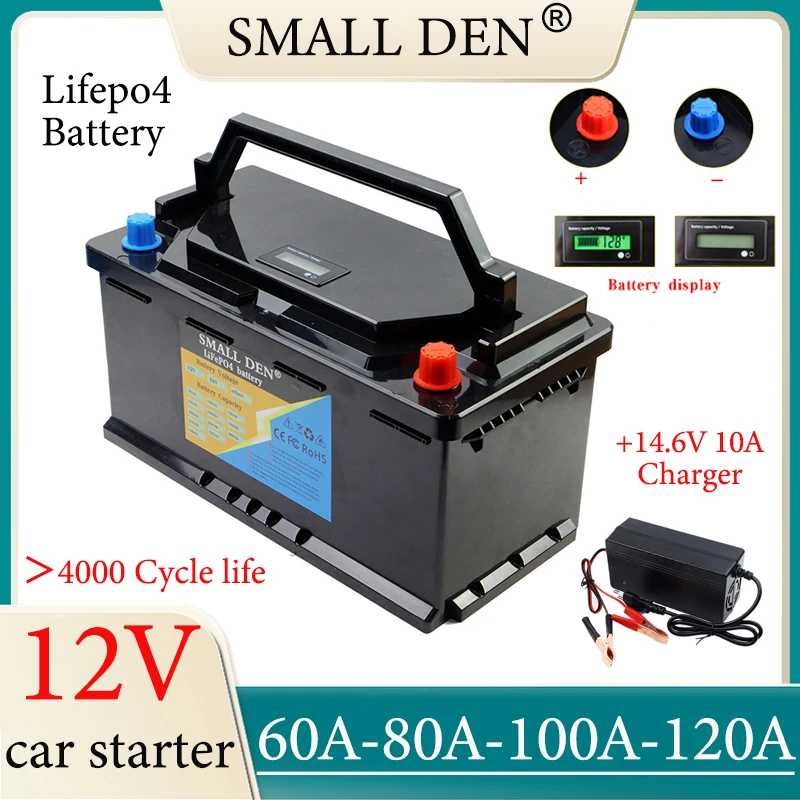 12V 60Ah 80Ah 100Ah 120Ah LiFePO4 Battery For Automatic lighter car starter E-boat Solar 12.8V Portable power supply+10A charger