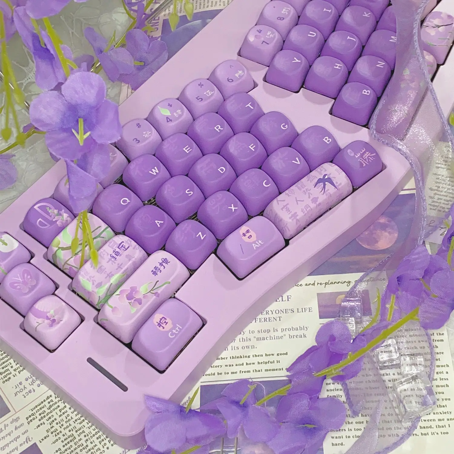 Mechanical Keyboard Keycaps PBT Purple High Aesthetic Rattan Keycaps MOA Height Five Sided Dye-sub Keycaps for 68/78/87/98/108