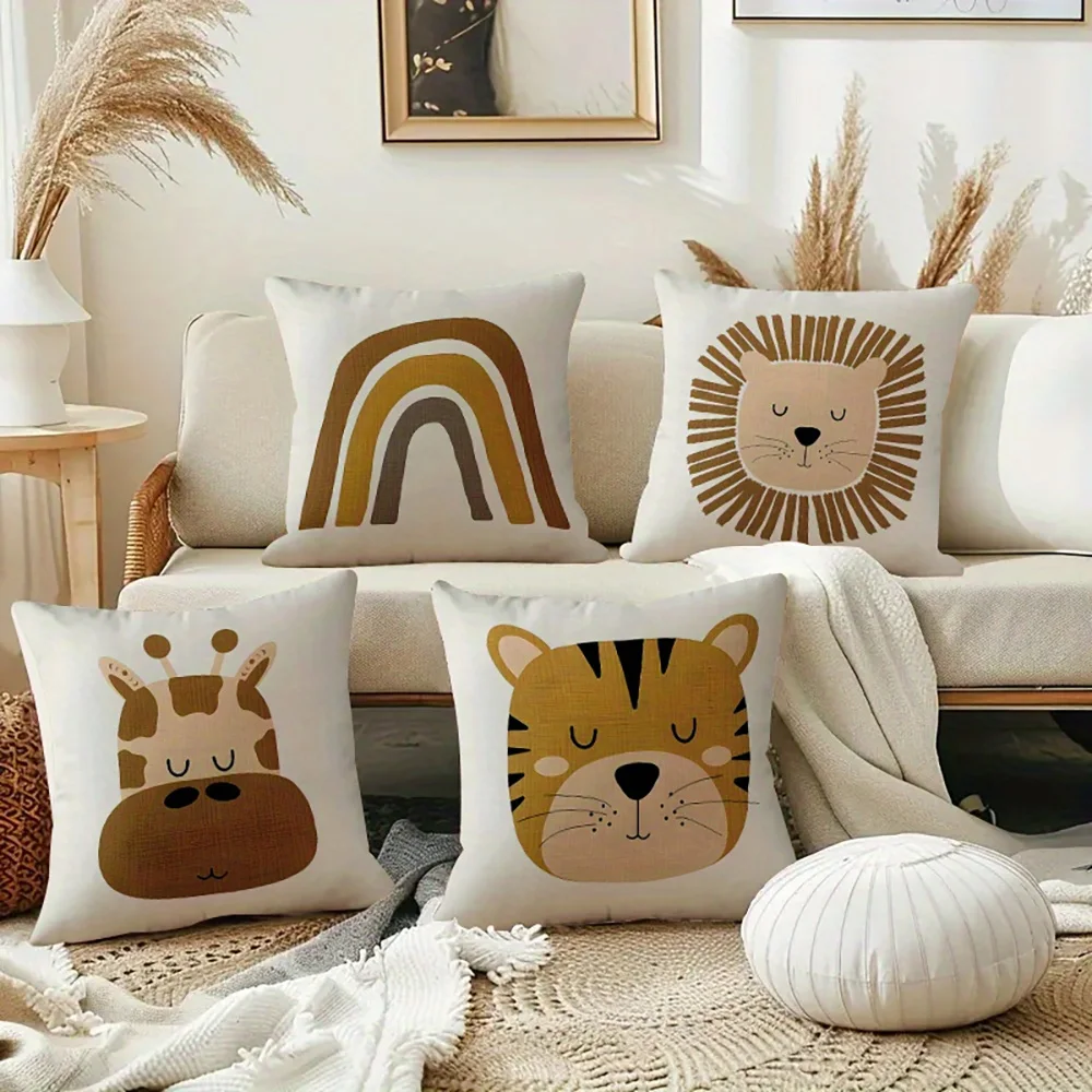 1pc Boho Safari Animal Kids Throw Pillow Covers Cute Rainbow Tiger Lion Giraffe Cushion Cases for Nursery Bedroom Playroom