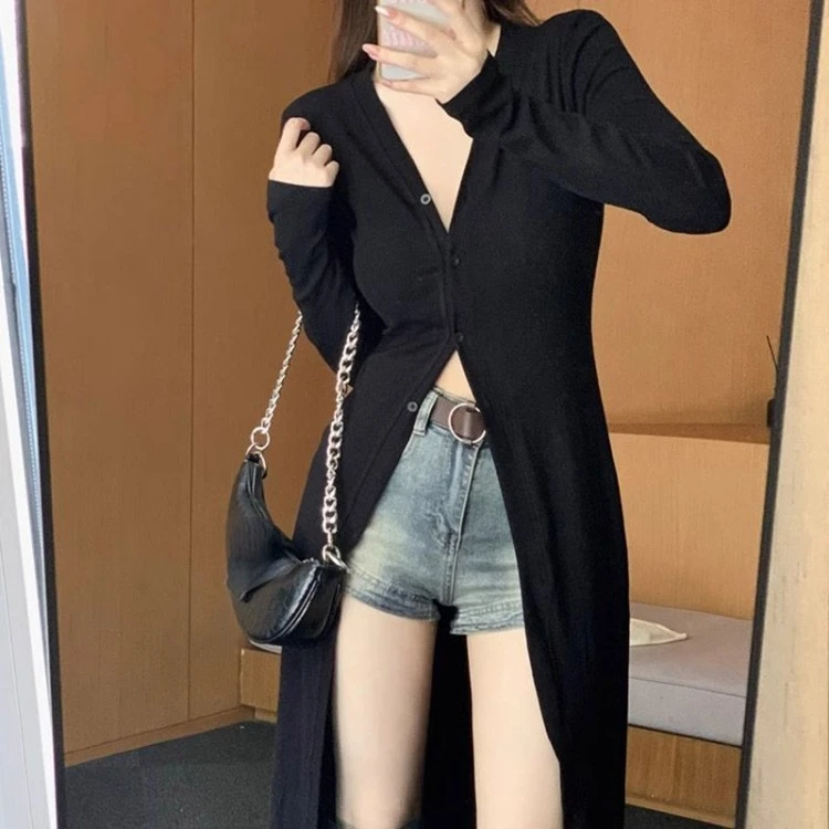 Summer Simple Sun Protection Coat Women Elegant V-neck Slim Fit Mid-length Tops 2024 New Long Sleeve Thin Cardigan Mujer