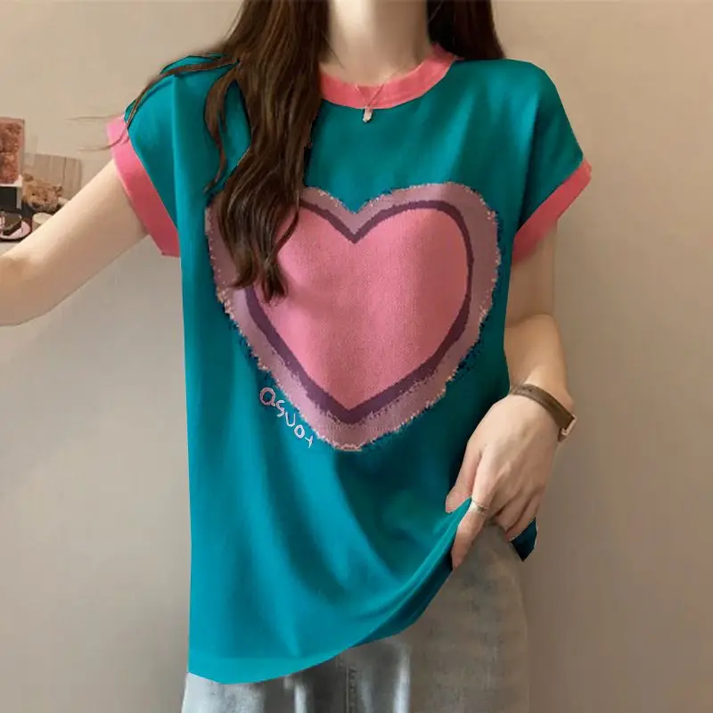 

Fashion O-Neck Spliced Short Sleeve Color Printed T-Shirt Female Clothing 2024 Summer New Loose Casual Tops All-match Tee Shirt