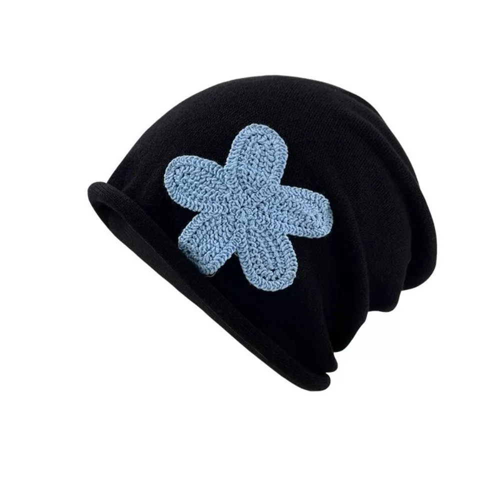 Sweet Flower Patch Beanie Hat Korean Style Knitted Pullover Cap Ear Protection Ear Warmer Autumn Winter
