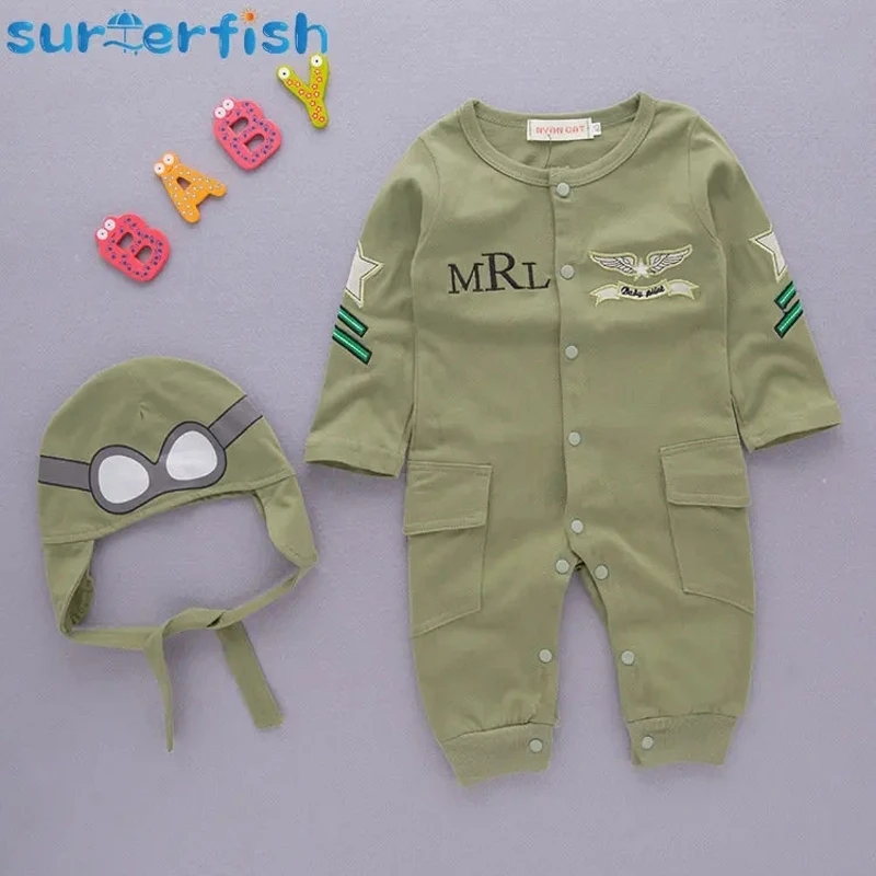 Erkek bebek 2 adet Set bebek yeşil tam kollu Pilot havacı Romper + şapka 2 adet Set tulum kıyafeti tulum tulum tulum cadılar bayramı kostümü
