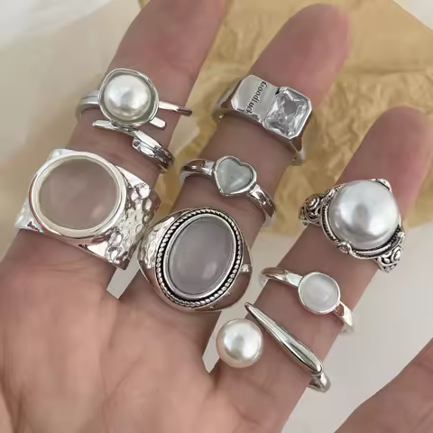 925 Sterling Silver Rings For Women Vintage Handmade Adjustable White Stone Pearl Ring Fashion Band Female Bijoux Gift