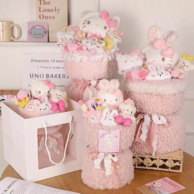 

Sweet Hello Kitty Anime Kawaii Sanrio Lovely Doll KT Cat Flower Bouquet Cute Cartoon Birthday Gifts Fashion Toys for Girls