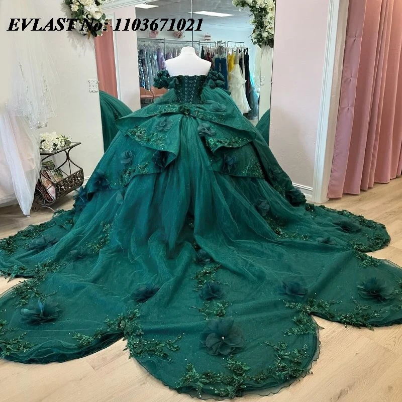 EVLAST Изумрудно-зеленое платье Quinceanera, бальное платье с кружевной аппликацией и бисером, многоуровневое с бантом Sweet 16, Vestidos De XV 15 Anos SQ76