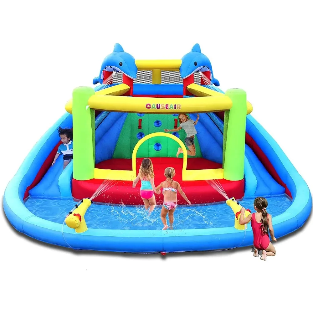 

Inflatable Water Slide with Bounce House,Dolphin Styling,Splashing Pool,Double Water Cannon,Climbing Wall