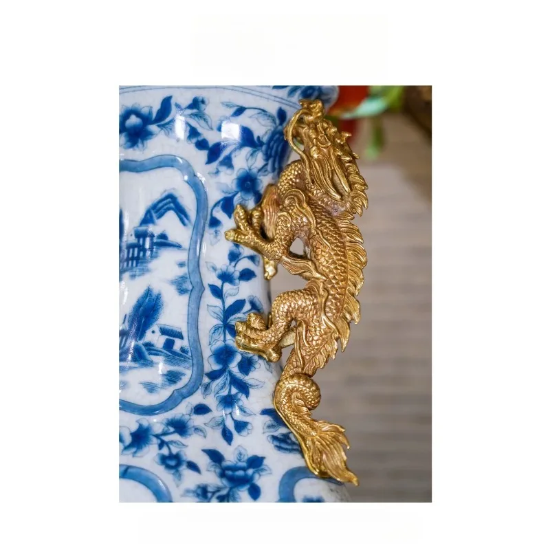 Blue and white porcelain vase ornament, living room flower arrangement, new Chinese Zen high-end decorative ornament