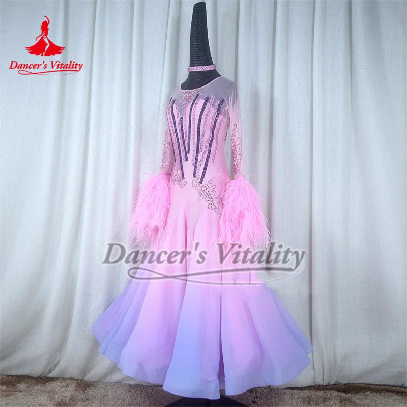 Adult Pink-purple Gradient Color Social Dance Ostrich Feather Long Flared Sleeves Big Swing Dress for Female High-end Customized