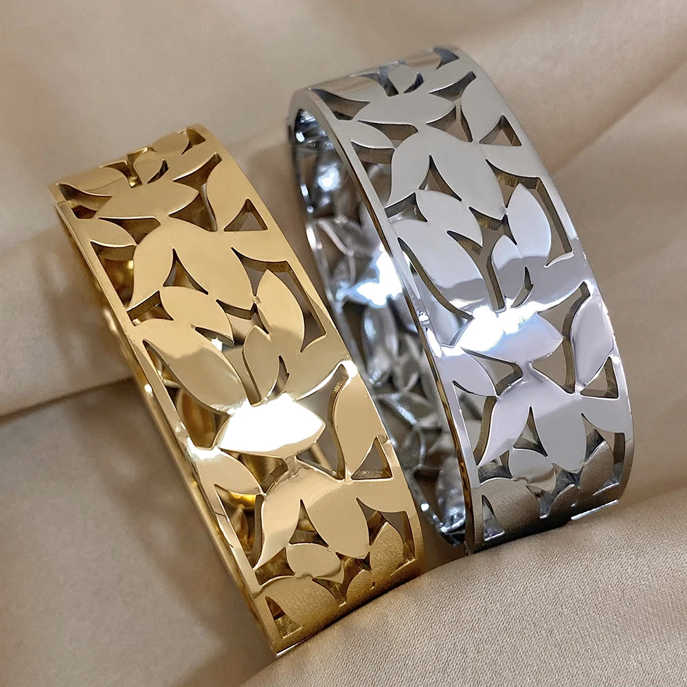 New Stainless Steel Cubic Zirconia Bangles Bracelets For Women Waterproof Geometric Butterfly Flower Open Bracelet Jewelry Gifts