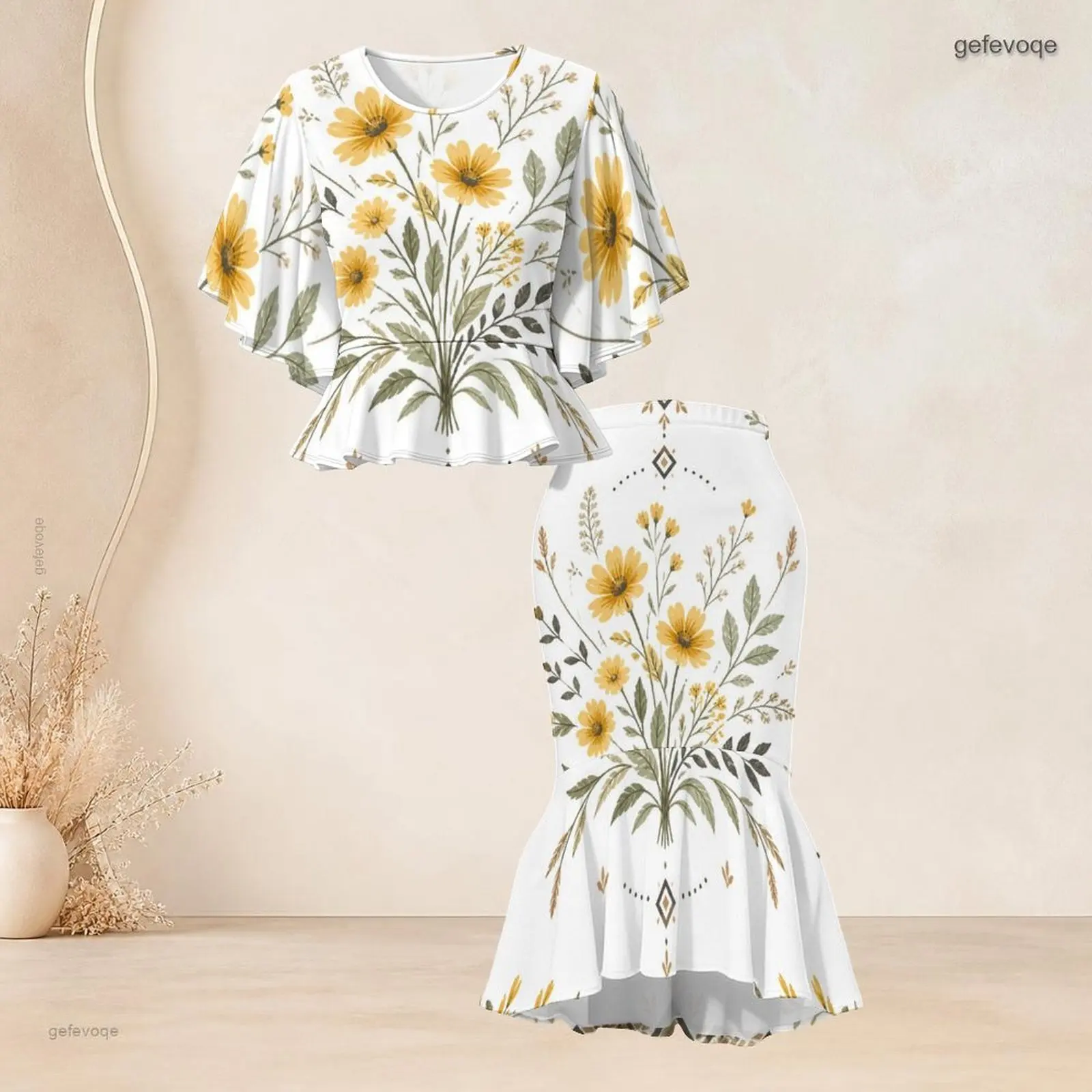 Women Printed Skirt Set Batwing Sleeve Ruffle Hem Top Fishtail Skirt Two Piece