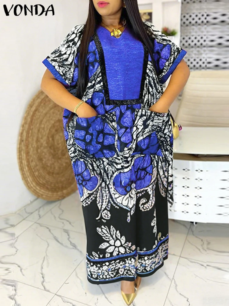 2025 VONDA vestido estampado bohemio de verano para mujer, Maxi Vestidos Vintage de manga corta con cuello en V, vestido veraniego para fiesta, vestido largo holgado informal