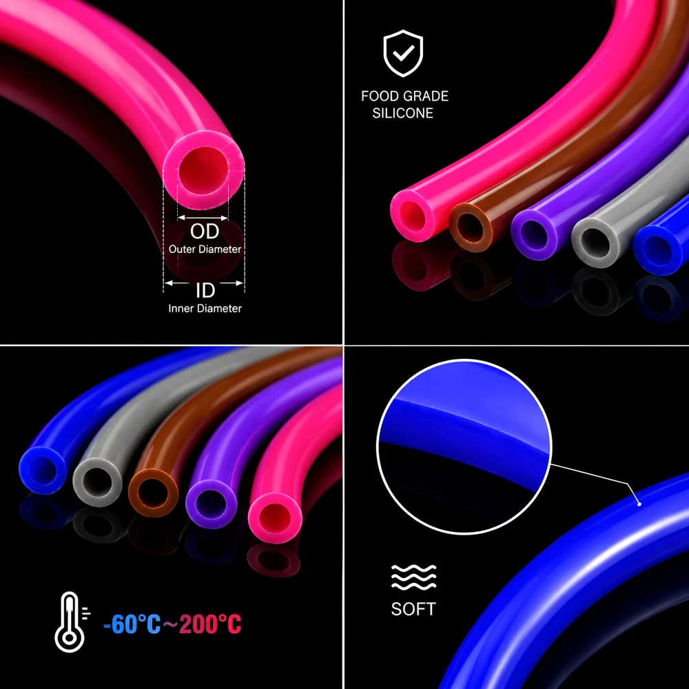2/5M Food Grade Colored Silicone Tubing ID:2~12MM Soft & Waterproof Anti-Aging Flame Retardant Anti-Aging High Elastic Hose