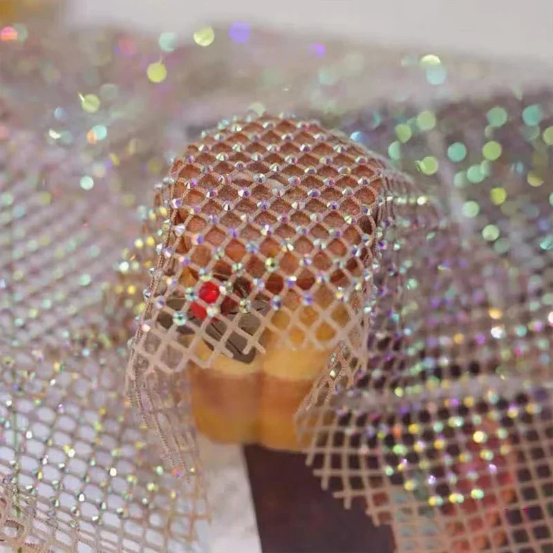 Shiny Rhinestone Stretch Fishing Net Fabric for Dress Skirt Costume DIY Sewing 50x120cm Luxurious Crystal Fishnet Fabric