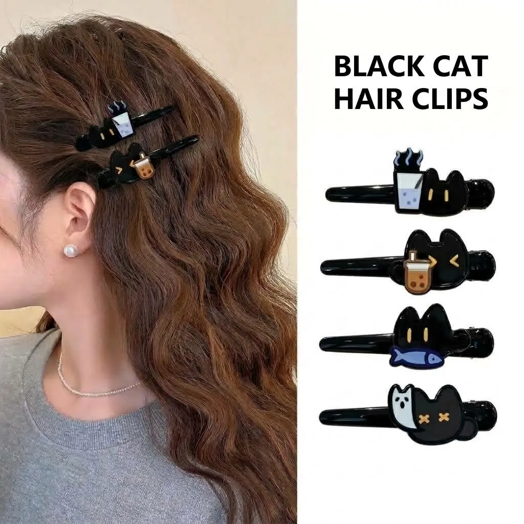 4PCS Cute Black Cat Hair Clips Set Kawaii Milk Tea Fish Hairpins Acrylic Side Bang Barrette Cartoon Women Girls Hair Accessories
