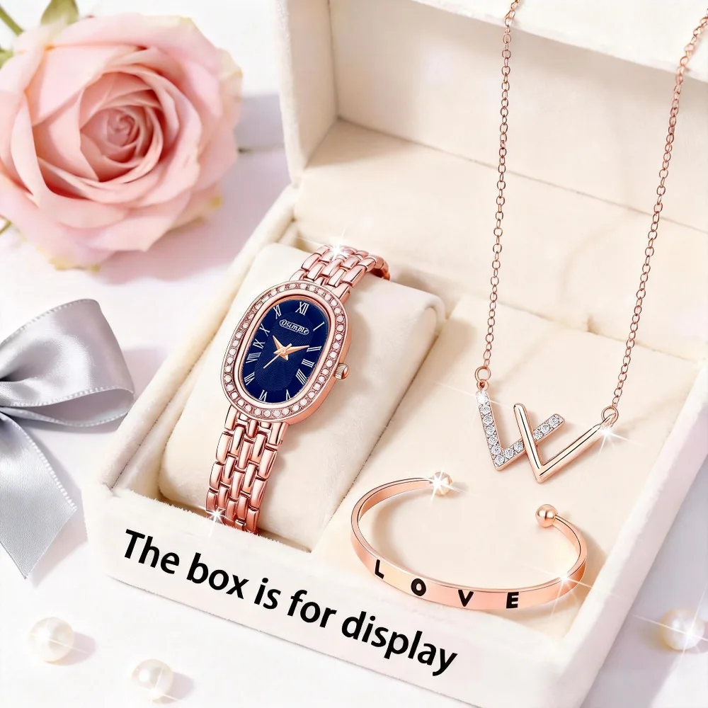 3pcs Elegant Luxury Rose Golden Women's Quartz Watch & Necklace & Bracelet | Ladies' Wristwatch | Elegant Wristwatch for Wedding