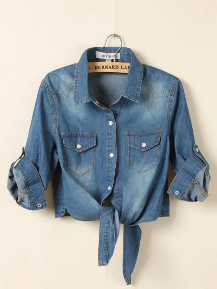 Summer Cool Feminine Shirts Fashion Casual Denim Shirt Short Sleeve Women‘s Tops Chemise Femme Crop Tops Women Sexy Short Shirt