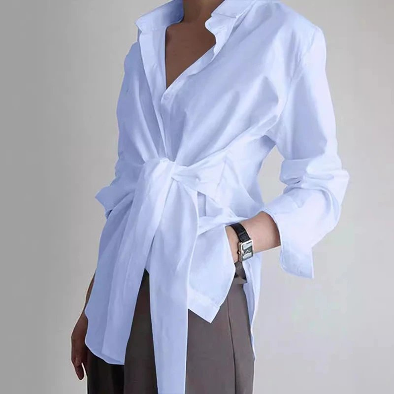 BKLD Solid Color Elegant Fashion Blouse For Women Loose Fit Turn-down Collar Long-sleeve Button Up Strappy Simple Shirts OL Wear