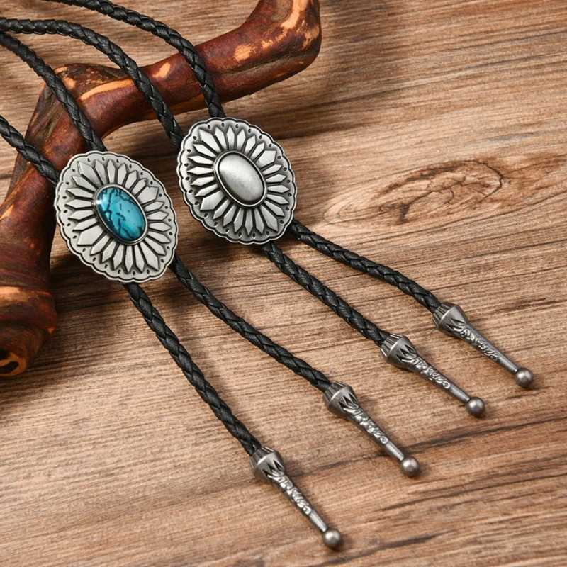 Western Cowboy Braided Leather Cord Bolo Tie Necktie with Metal Flower Charm for Rodeos Outfit Adjustable Chain Necklace