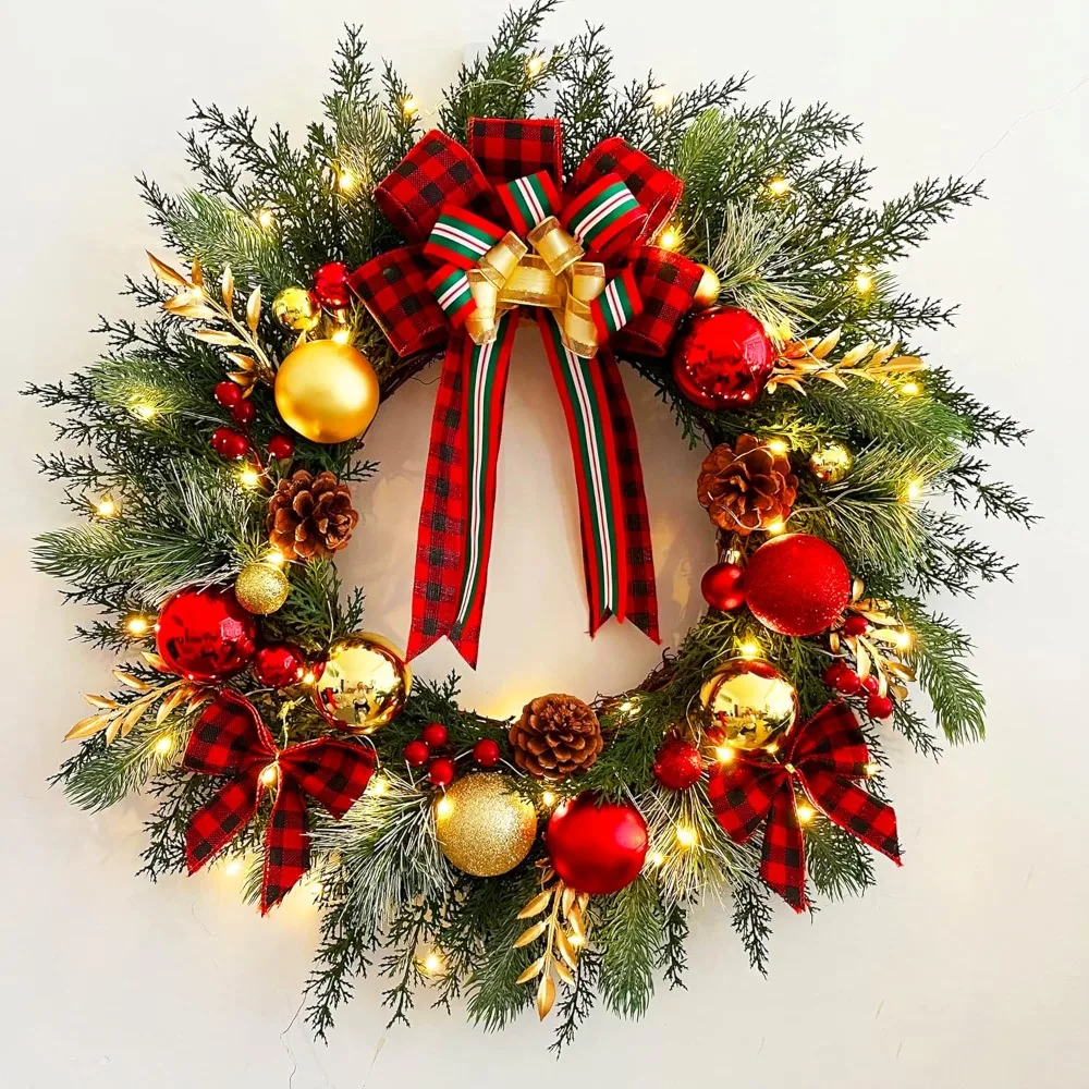 

Christmas Wreath with Lights 20 Inch Pre-Lit Christmas Door Wreath for Front Door