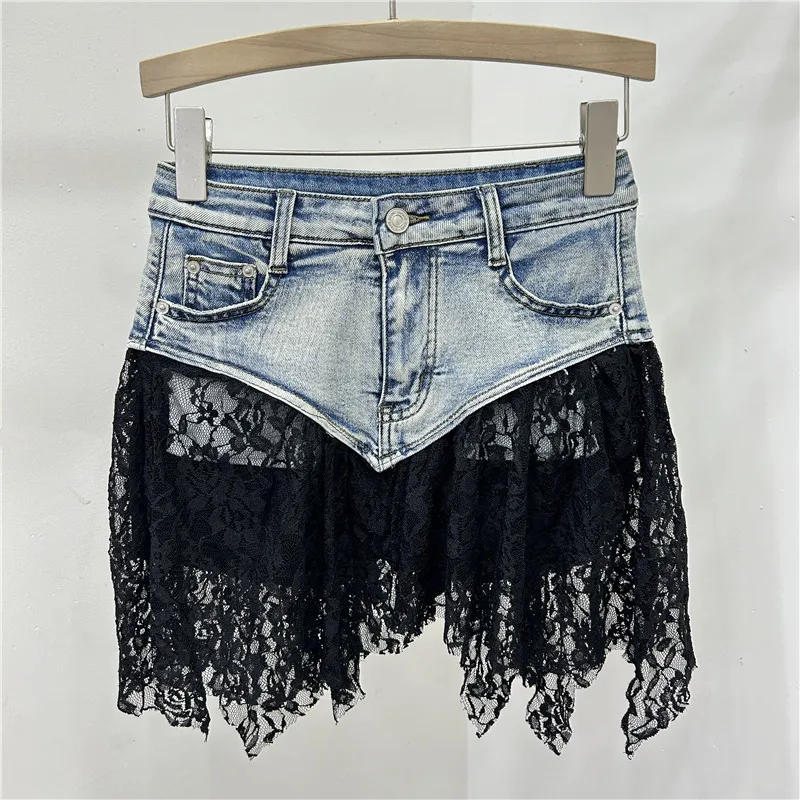 ANJY 2026 Spring Summer New Women American Irregular Stretch Lace Patchwork Denim Skirt Hot Girl Chic A-line Short Skirts A19044