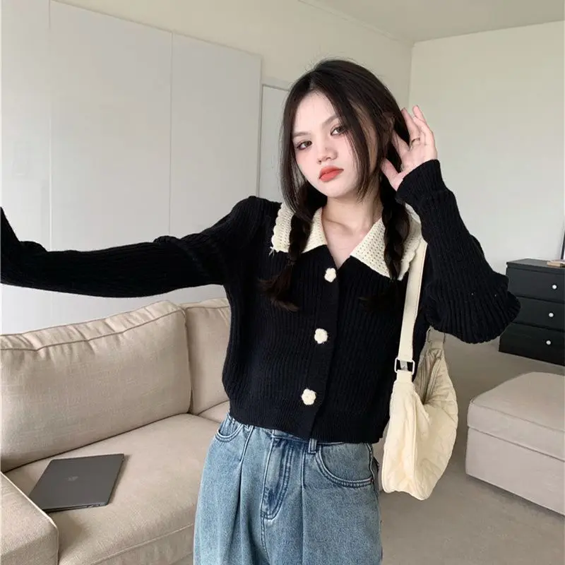 Cropped Cardigan Women Peter Pan Collar Sweet Lovely Preppy Korean Fashion Style Autumn Sweaters Knitted Кардиган Женский Retro