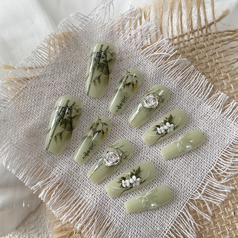 10 أظافر مصنوعة يدويًا على شكل نعش، أظافر صناعية جميلة، أظافر خضراء لانسية على الطراز الصيني، مناسبة للاستخدام للنساء