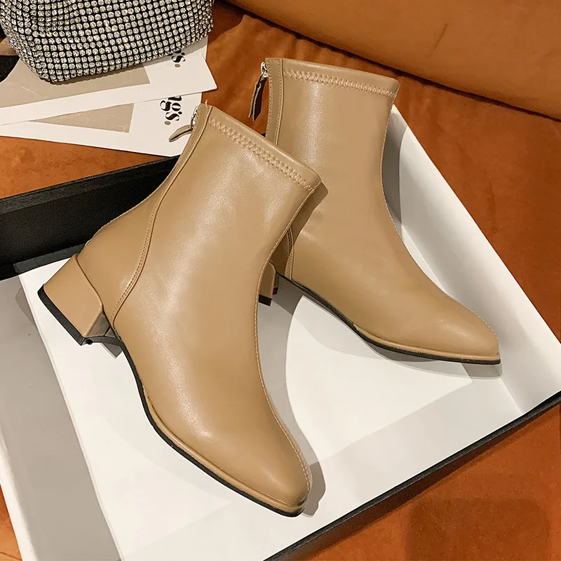 Botas de mujer nuevas 2024 zapatos femeninos con cremallera tobillo de mujer de gran tamaño Med goma otoño Roma sólido PU punta cuadrada tacones de pezuña bota de mujer