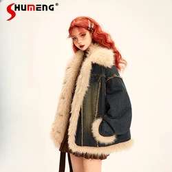 2023 New Fashion Design Retro Furry Patchwork Denim Jacket Female Winter Velvet Padded Thickened Jeans Coat Top Women's Clothing