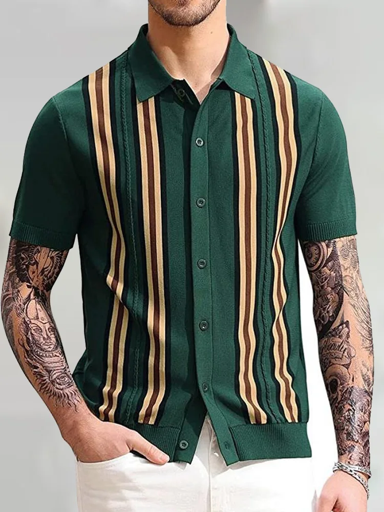 2022 Summer Short Sleeve Knitted Polo Shirt Casual Men Button-up Turn-down Collar Tops Mens Fashion Striped Polos Man Streetwear