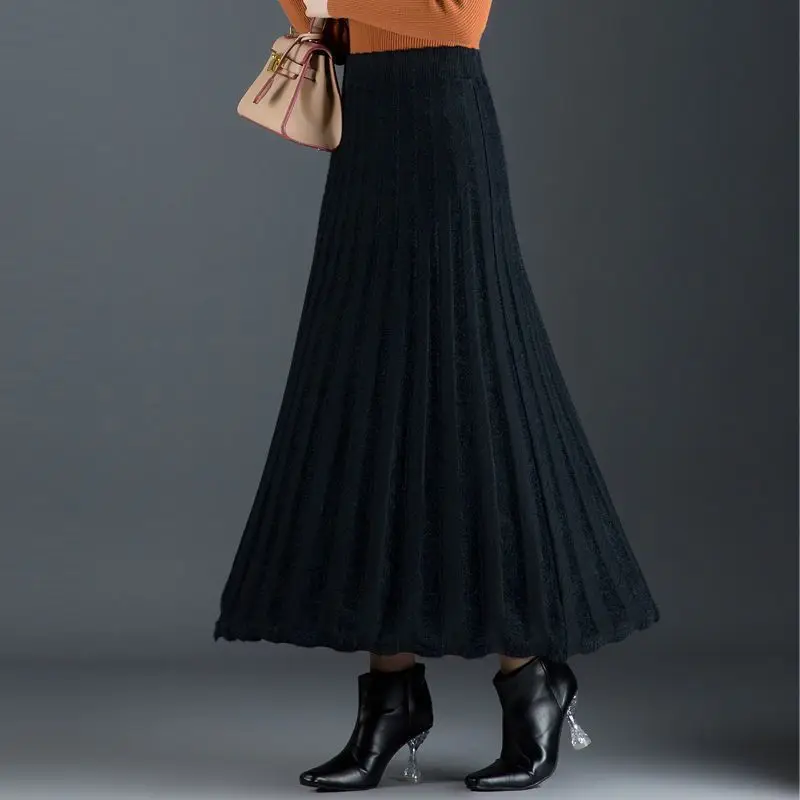 

Solid Color Knitted Mink Velvet Skirt Autumn and Winter New A-line Skirt Elastic High-waisted Pleated Thickened Midi Skirt LJ140