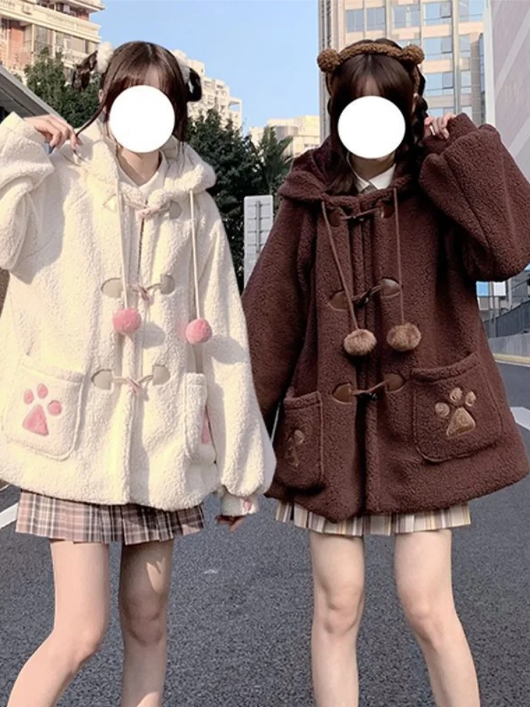 Japanese Style Autumn Winter Women Sweet Lamb Wool Jacket Kawaii Soft Bear Ears Hooded Coats Girls New Cute Outwear