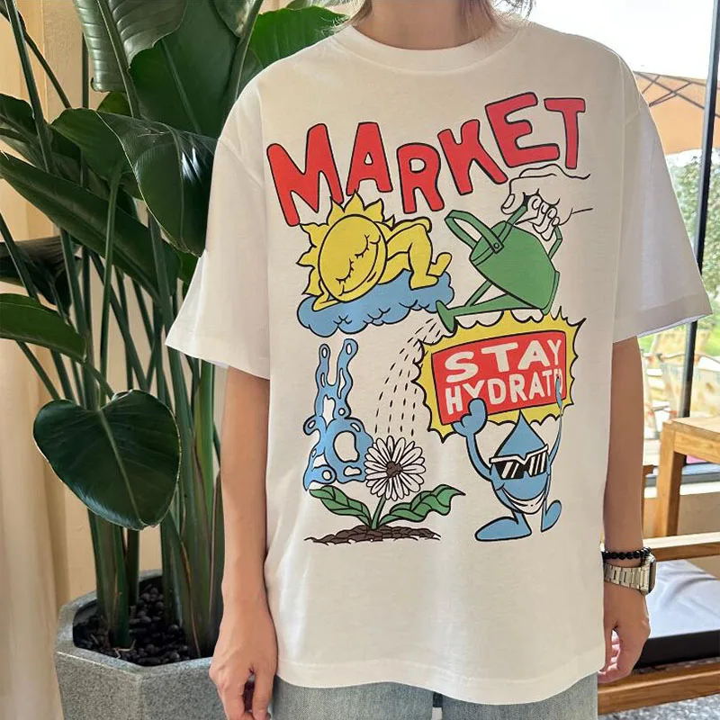 Summer Retro Style Stay Hydrated Cartoon Printing Unisex Loose White T Shirt Cute Cotton Short Sleeve Tops Casual Aesthetic Tees