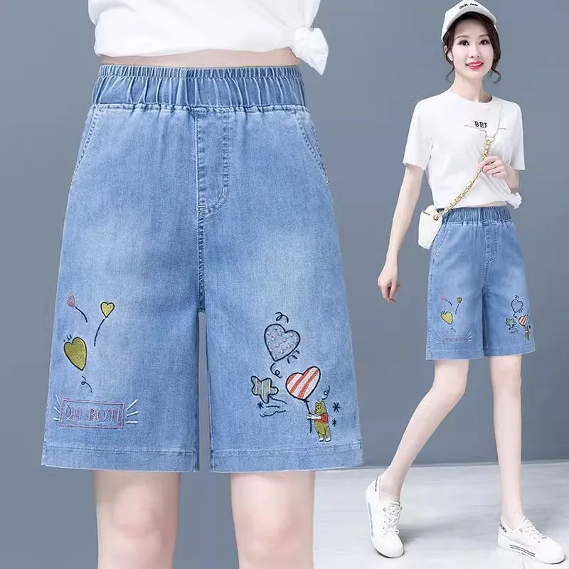Summer Thin High Waist Loose Slimming Ice Silk Five-Quarter Casual Wide Leg Jeans Shorts Women's Student Versatile Denim Shorts