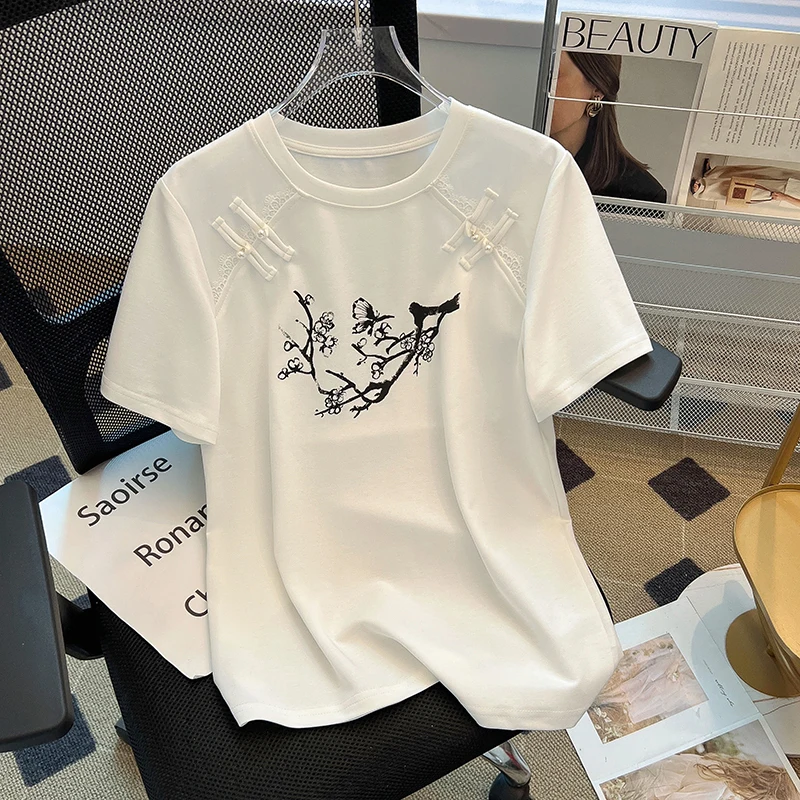 Chinese Style Flower printing Crop Tops Women T-shirt Loose  Short Sleeve Basic Summer Clothes Tops Woman O-neck Cotton Tees