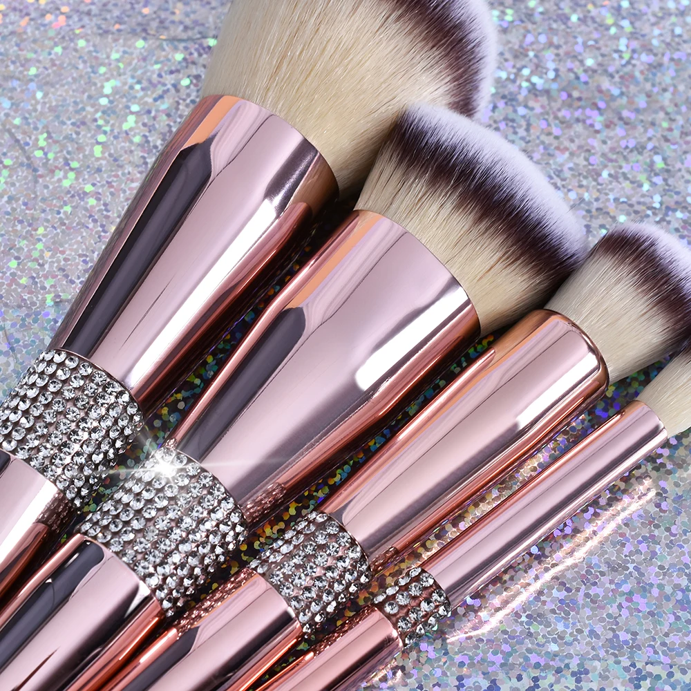 New 14 Pcs Luxury Rose Gold Bling Rhinestone Makeup Brushes Set Glitter Diamond Vegan Makeup Brush Set With Rhinestone