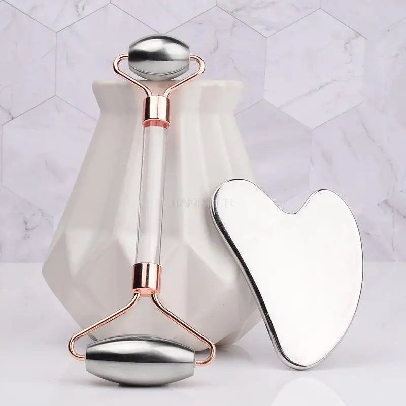 

Jade roller massager stainless steel beauty massage roller metal heart-shaped scraping board set stainless steel roller
