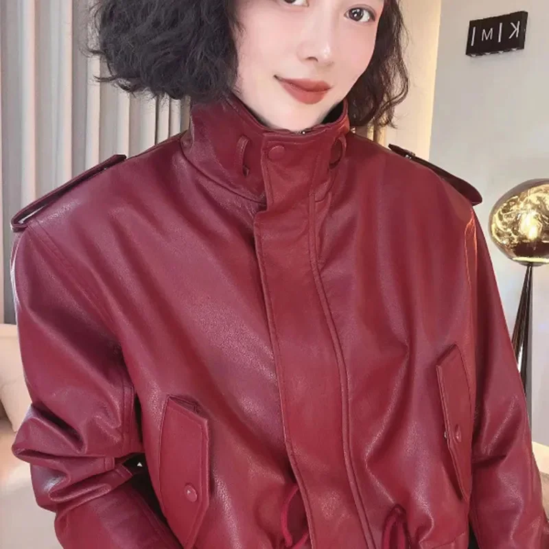 Black Wine Red Leather Short Coat Female 2024 Spring Autumn Fashion PU Leather Jacket Long Sleeve Outwear Tops Motorcycle