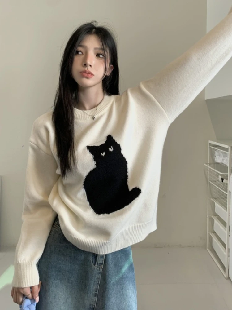 Sweet Cartoon Cat Knit Jumper Women Warm Sweater Women Japanese Loose Vintage Knit Fashion Top Kawaii Girls ins Winter 2022 New