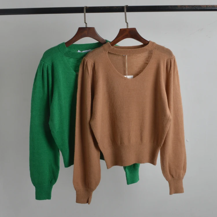 

Осенний новый женский вязаный длинный свитер с объемным плечом Sve Bubble, пуловер с v-образным вырезом, повседневный топ из смешанного волокна Camere Design