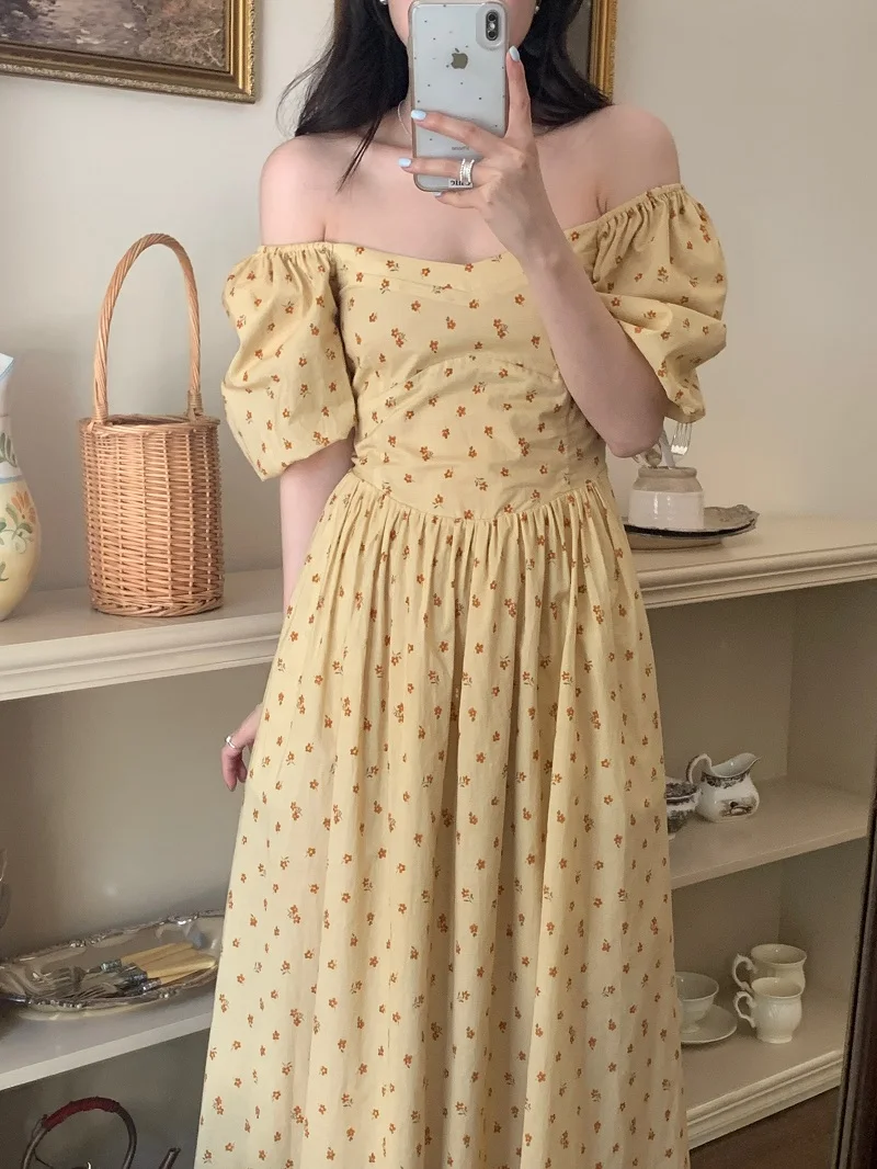 Damska letnia kwadratowa elegancka długa sukienka z kołnierzykiem 2025 kwiatowy Print bufiaste rękawy długie sukienki świąteczne Midi ubrania damskie (O1123