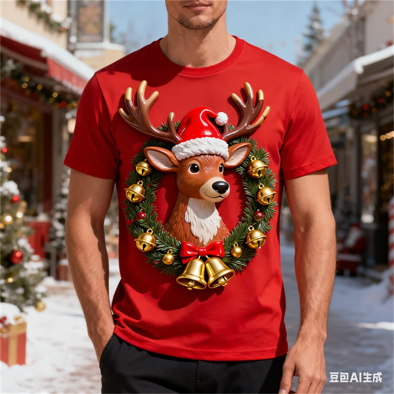 عيد الميلاد ثلاثية الأبعاد الرنة طباعة تي شيرت رجالي موضة عطلة حفلة قصيرة الأكمام الجولة الرقبة قميص اليومية عطلة عادية الرجال بلايز
