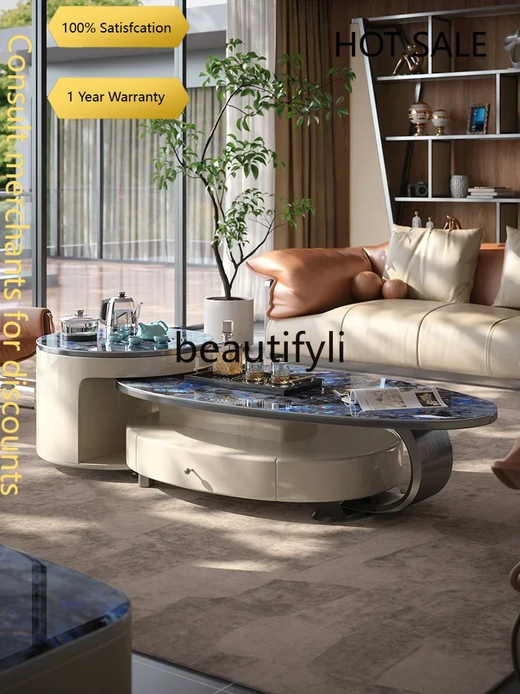 D5556 Luxury stone rock slab coffee table household small apartment mobile tea making integrated simple modern balcony tea cart
