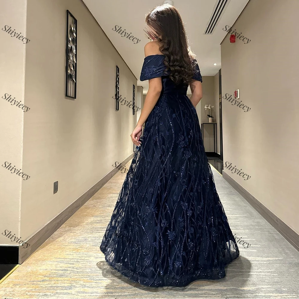 Dark Blue Boat Neck A-line Lace Evening Dress Saudi Arabia Elegant Off the Shoulder Satin Formal Party Prom Gown Appliques Dress