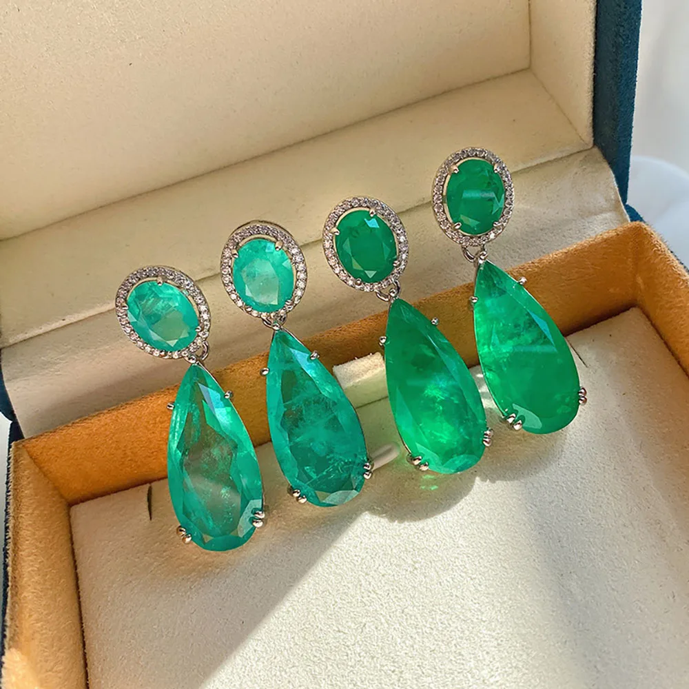 Silver Color Charms Big Drop Earrings for Women Vintage Paraiba Tourmaline Emerald Gemstone Wedding Earrings Fine Jewelry Gift