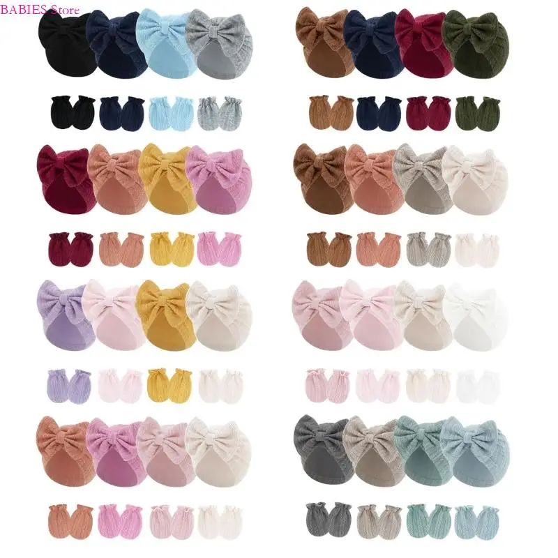

C9GB 4 Set Baby Bowknot Hat Mittens Breathable Elastic Scratch Resistant Protections