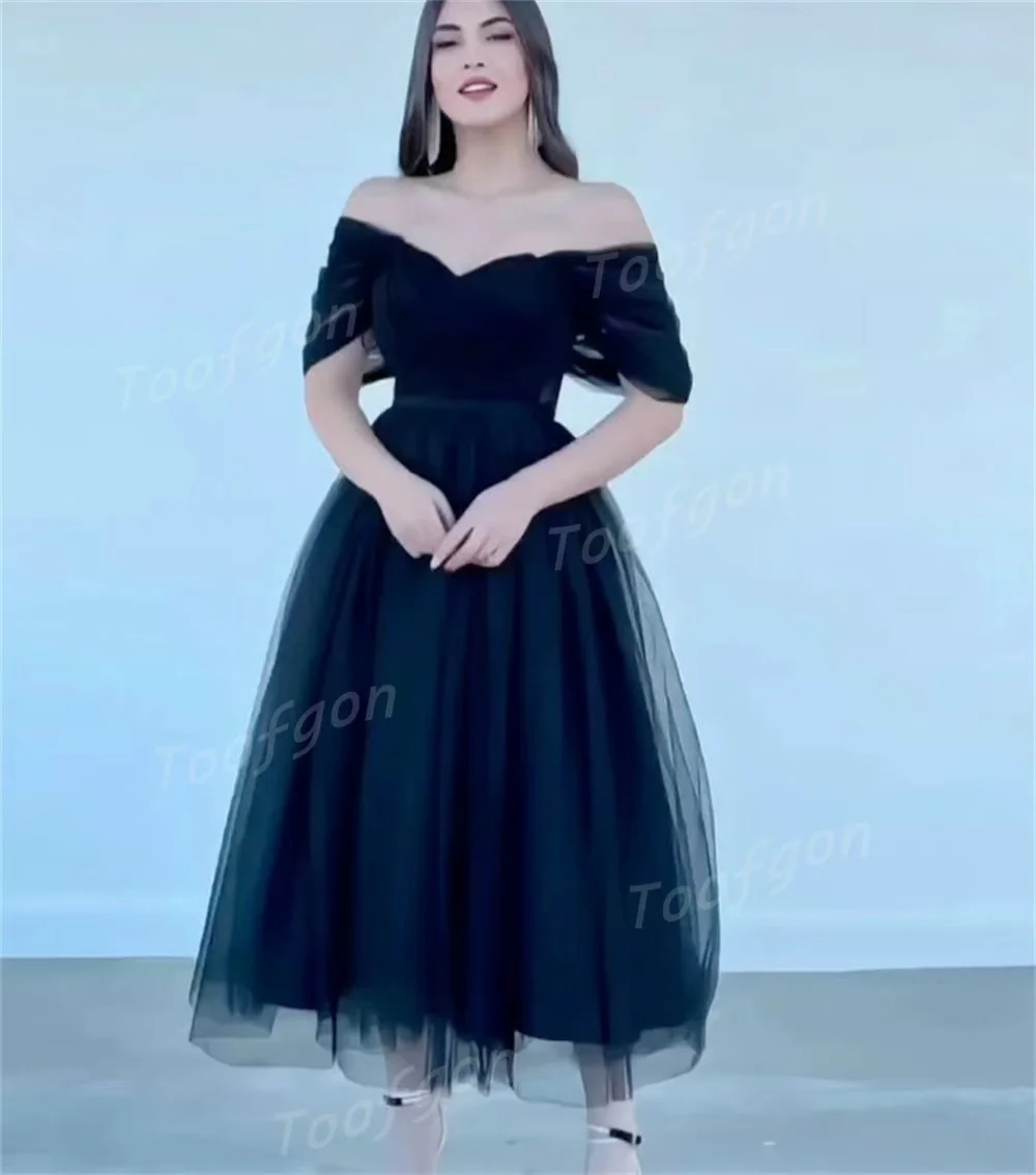 Toofgon-vestidos de graduación con hombros descubiertos, vestido de fiesta de noche de tul azul, línea A, corsé en la espalda, vestidos elegantes de fiesta personalizados